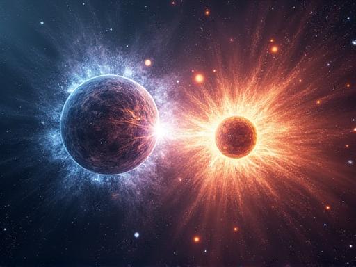 우주에서 충돌하는 두 개의 은하를 묘사하는 고해상도 그래픽 시뮬레이션.